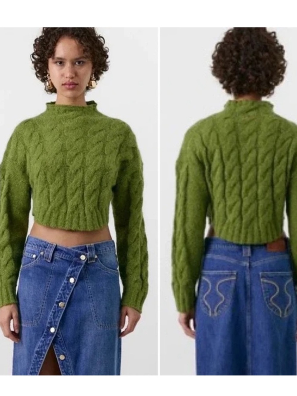 cult gaia Olive Cable-Knit Cropped Turtleneck Sweater